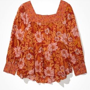 American Eagle Oversized Long Sleeve Square Neck Peasant Blouse